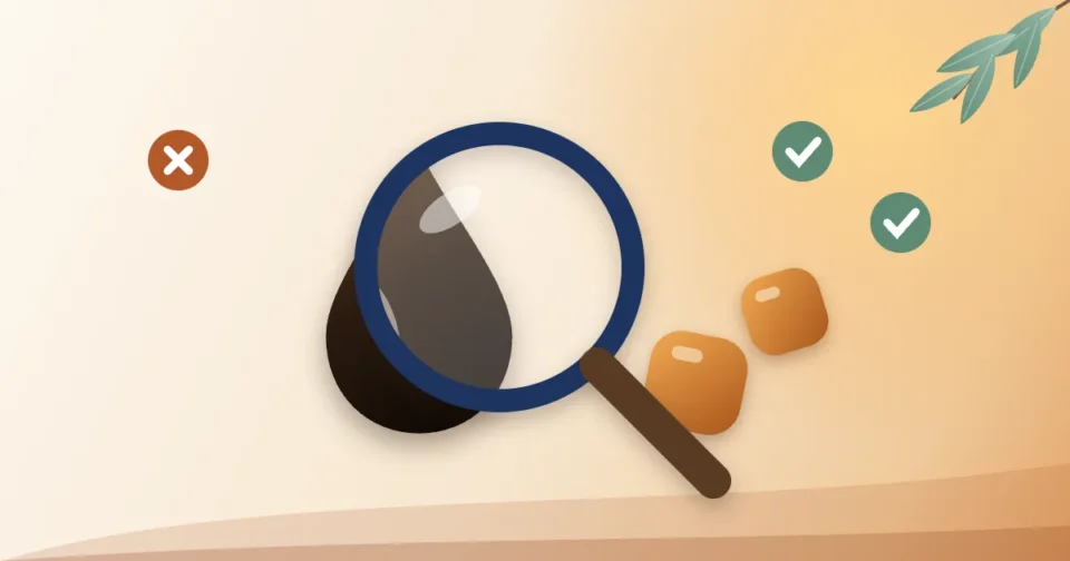 Magnifying glass inspecting shilajit resin and shilajit gummies to check they are genuine